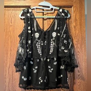 Kobi Halperin Black Lace Floral White Embroidered Cold Shoulder Top